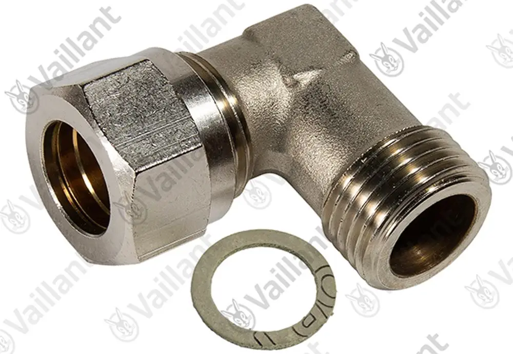 Vaillant Winkeleinlaufverschraubung aus Metall mit einem Anschlussgewinde. Enthalten ist eine Unterlegscheibe.